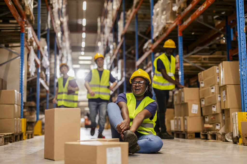 one of warehouse worker is injured and three are looking at injured person 