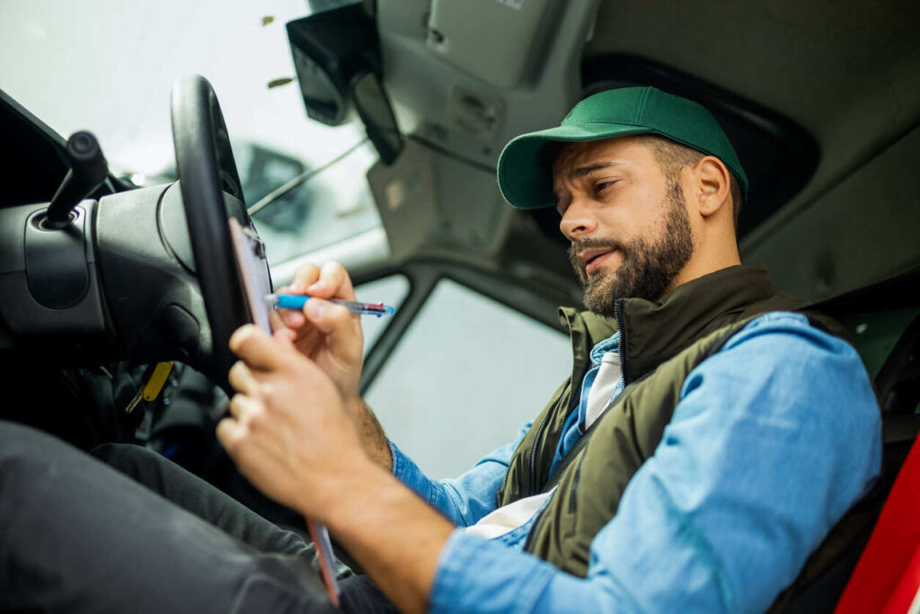 Truck driver filling out paperwork inside vehicle for workers' compensation claim
