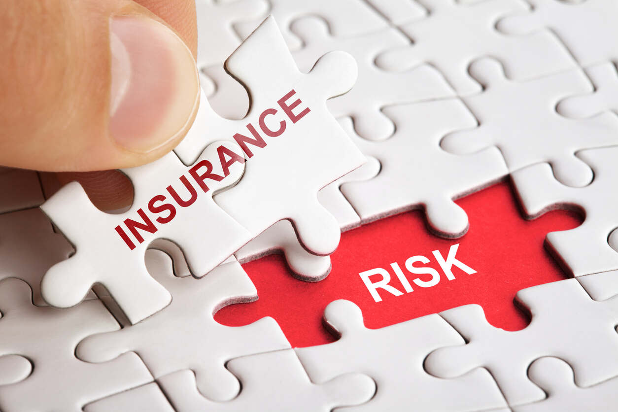 A puzzle piece labeled 'INSURANCE' fitting into a gap with the word 'RISK' highlighted, symbolizing the connection between insurance and risk in claims settlement